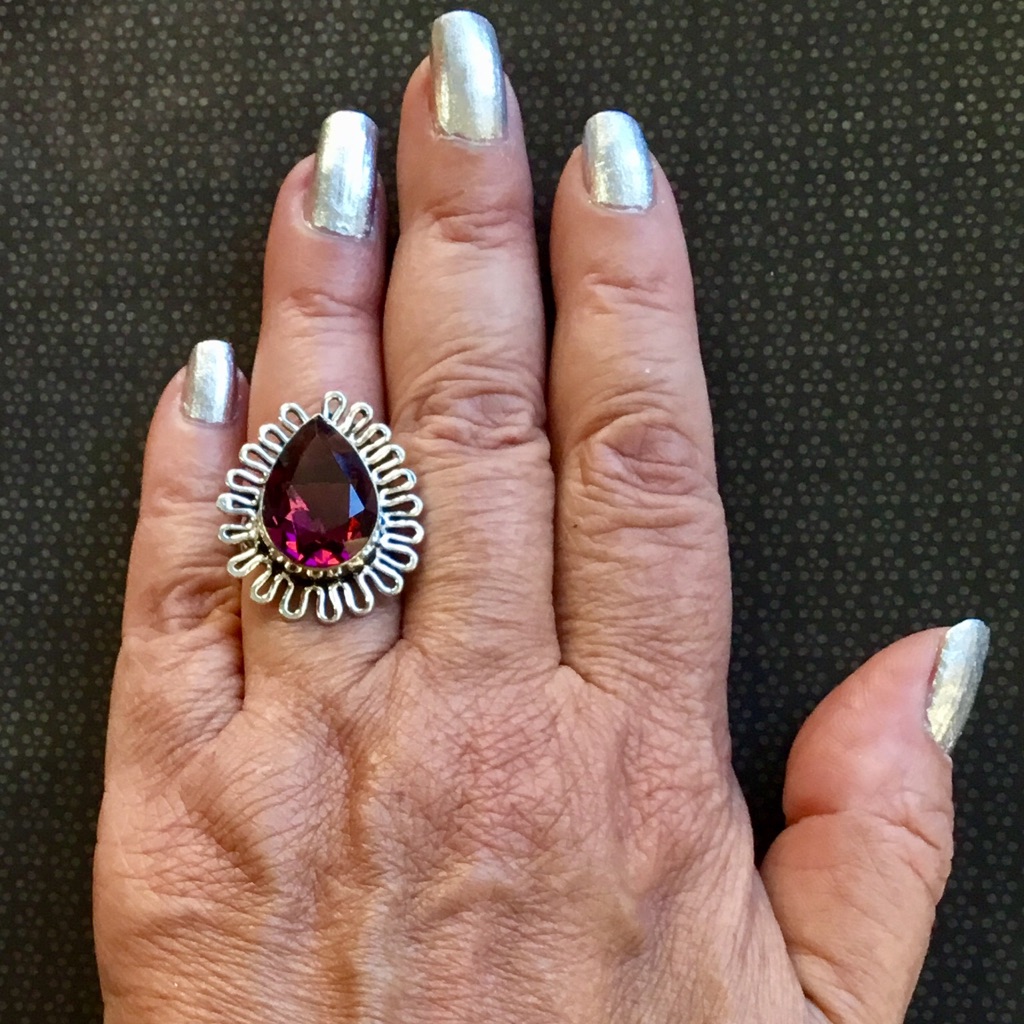 Amethyst Teardrop Solitaire Gemstone Ring 6.3/4